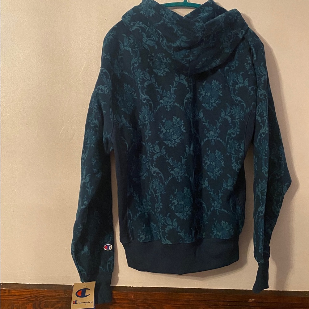Champion Teal Patterned Hoodie Reverse Weave Medium Hoodie - Picture 3 of 7